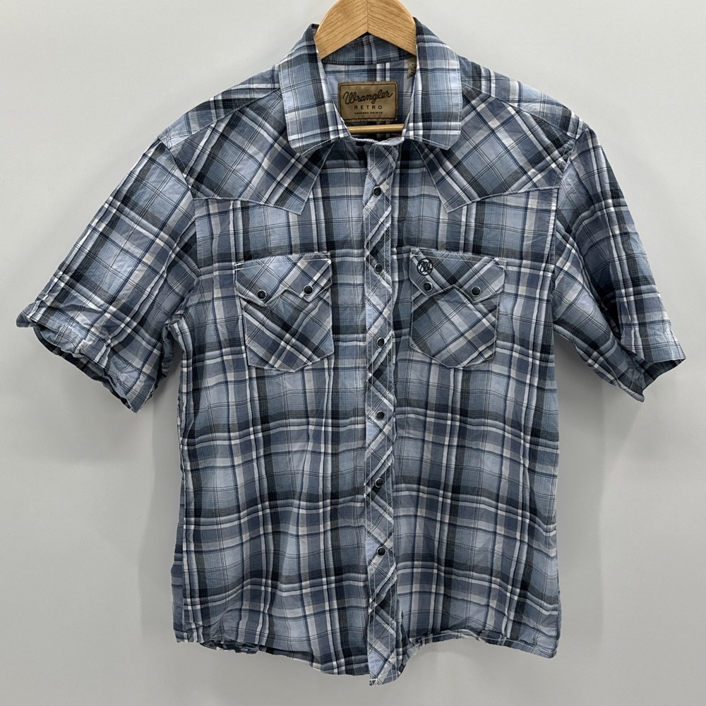 Wrangler Button Up Shirt Mens Large Blue Plaid Pearl Snap Western Rodeo Cowboy L